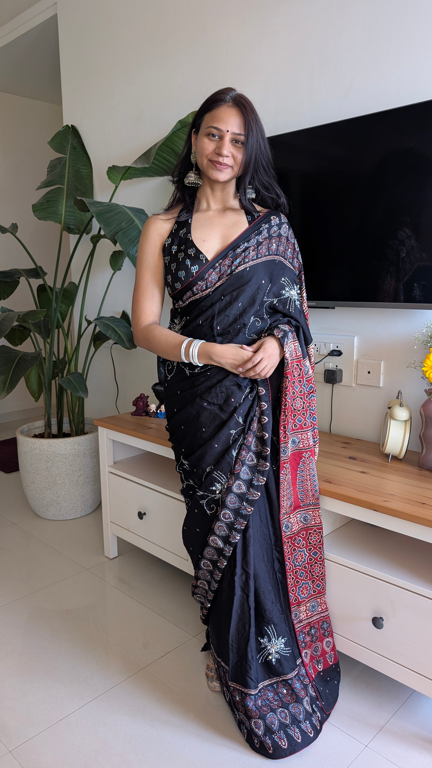 Black Ajrakh Hand Embroidery Saree in Modal Silk | TheRangBhoomi