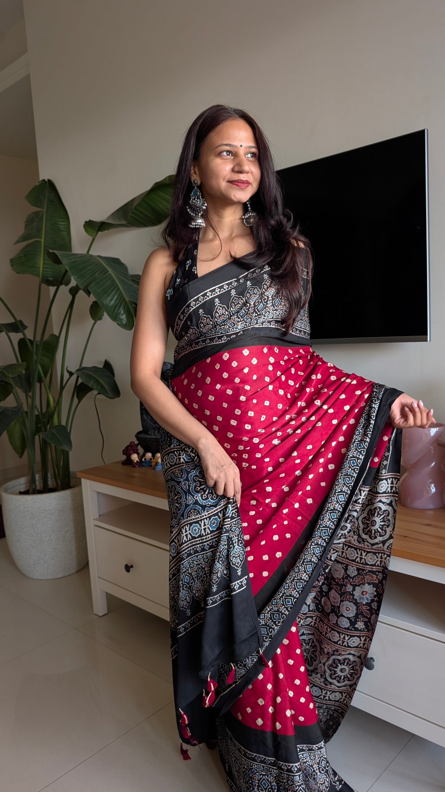 Bandhani Saree with Ajrakh Pallu | TheRangBhoomi Fusion Saree | Red