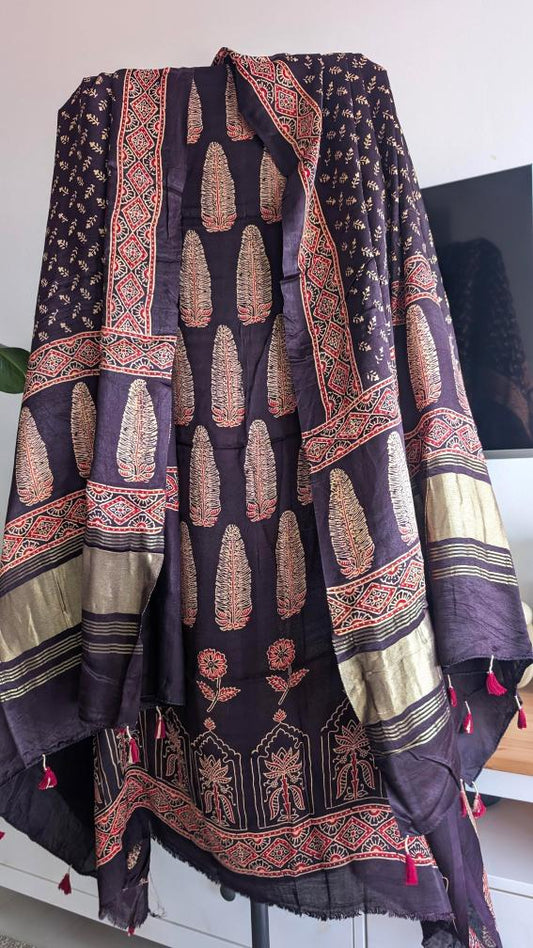 Ajrakh Modal Silk | Suit Set | Black | 2 PC