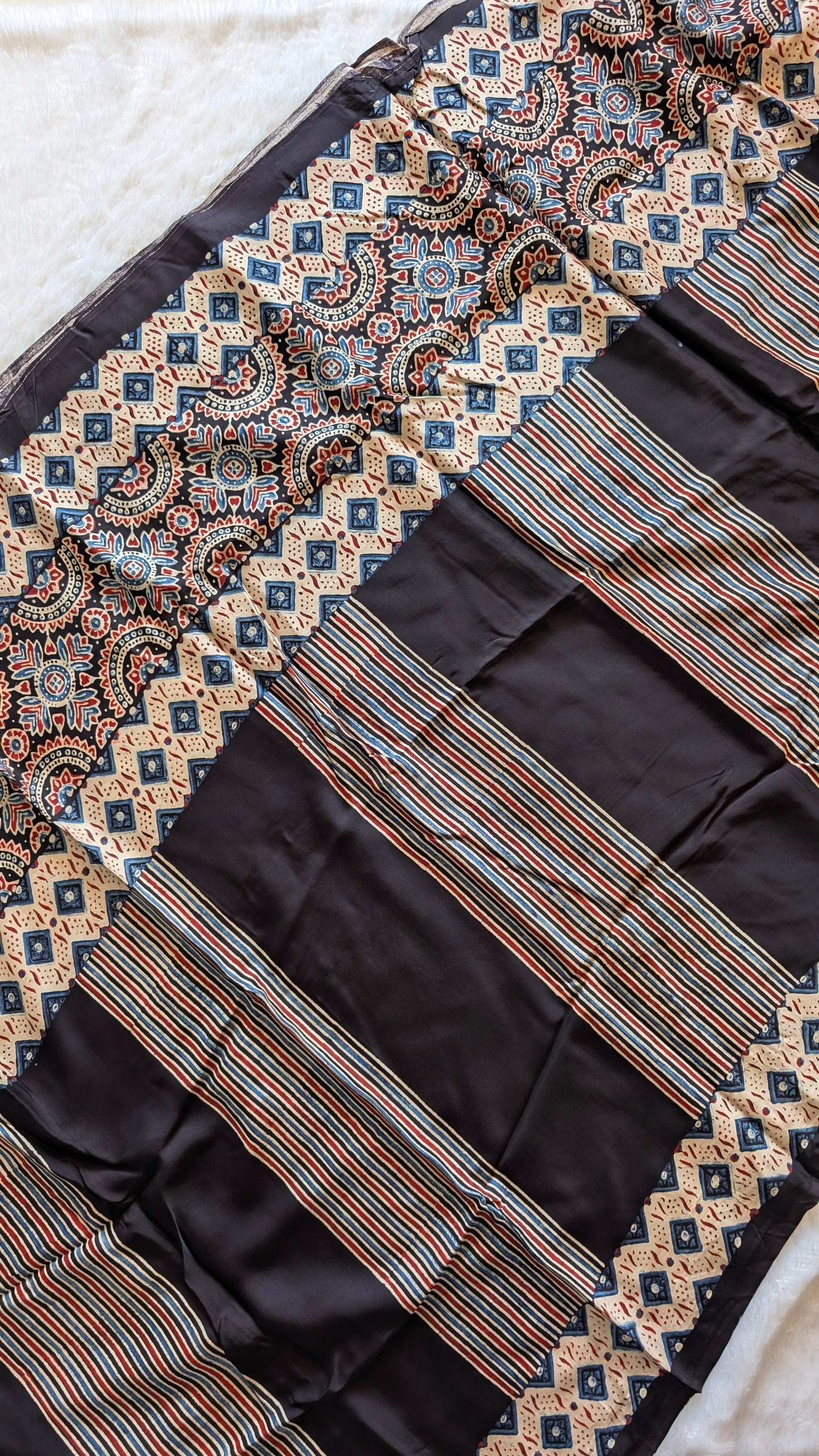 Ajrakh Saree in Modal Silk - Hand Block Print and Naturally Dyed | TheRangBhoomi