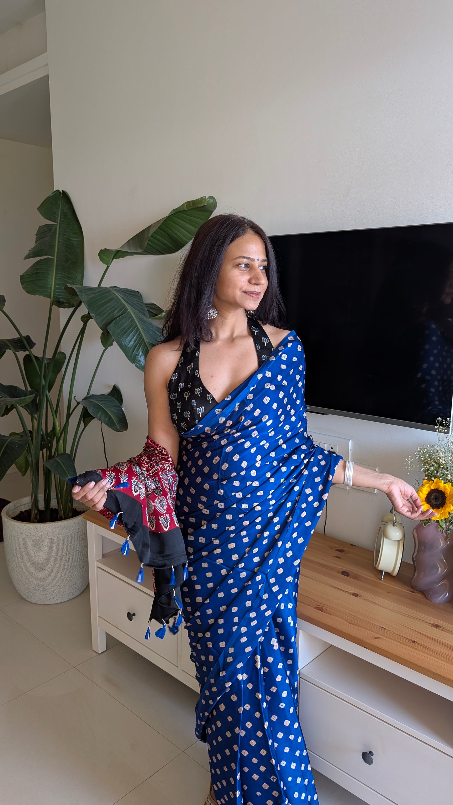 Royal Blue Bandhani Saree with Ajrakh Pallu | TheRangBhoomi Fusion Saree
