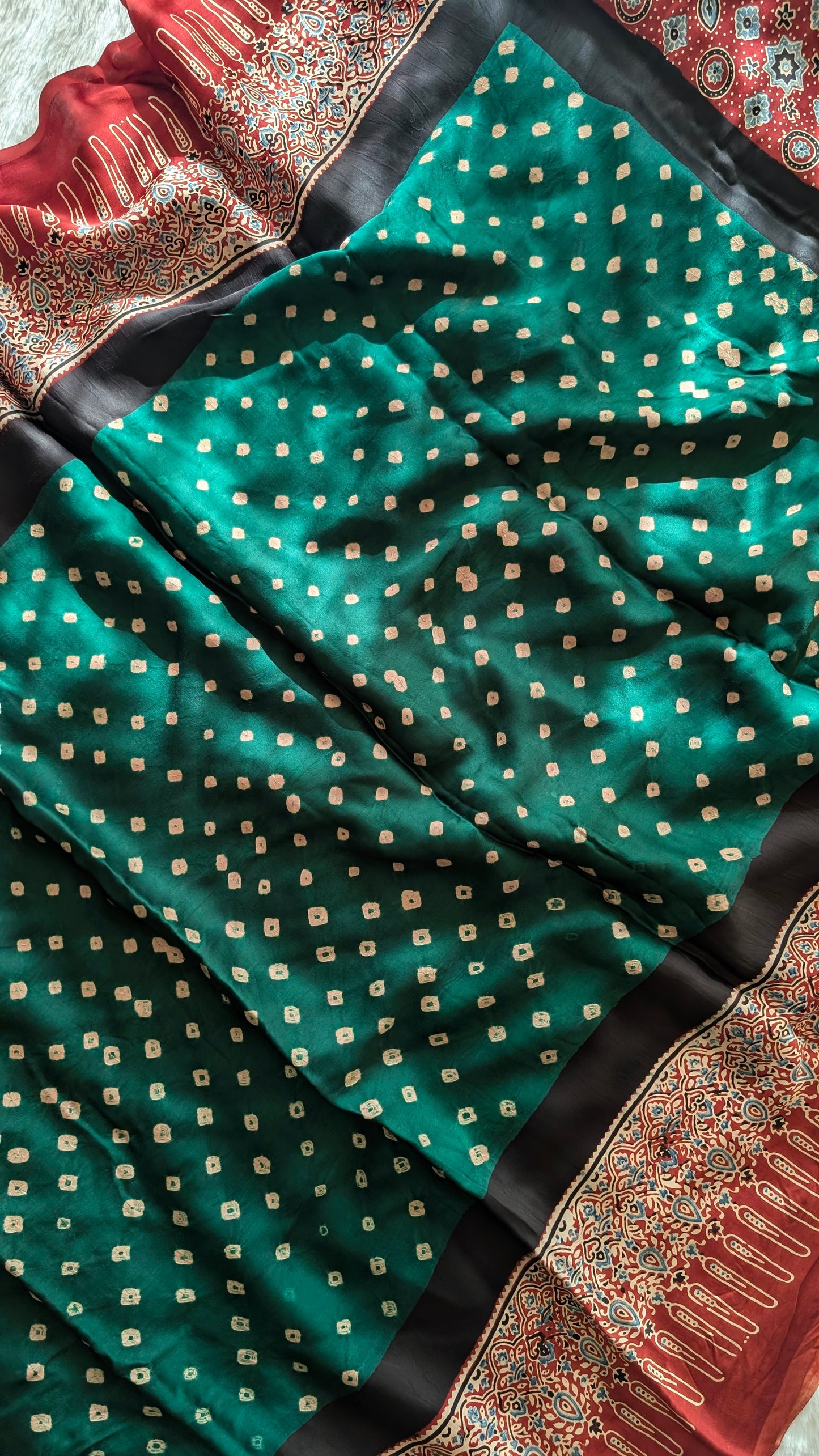 Green Bandhani Saree with Ajrakh Pallu | TheRangBhoomi Fusion Saree