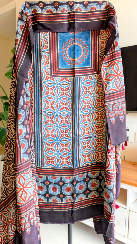 Ajrakh Modal Silk | Suit Set | Multi Color with Black Base | 2 PC
