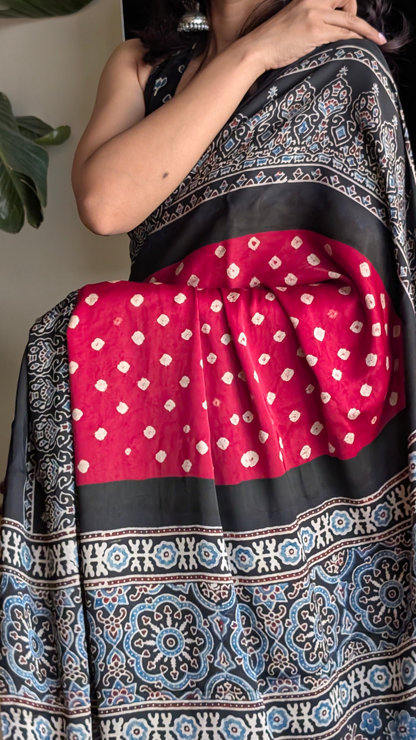Bandhani Saree with Ajrakh Pallu | TheRangBhoomi Fusion Saree | Red