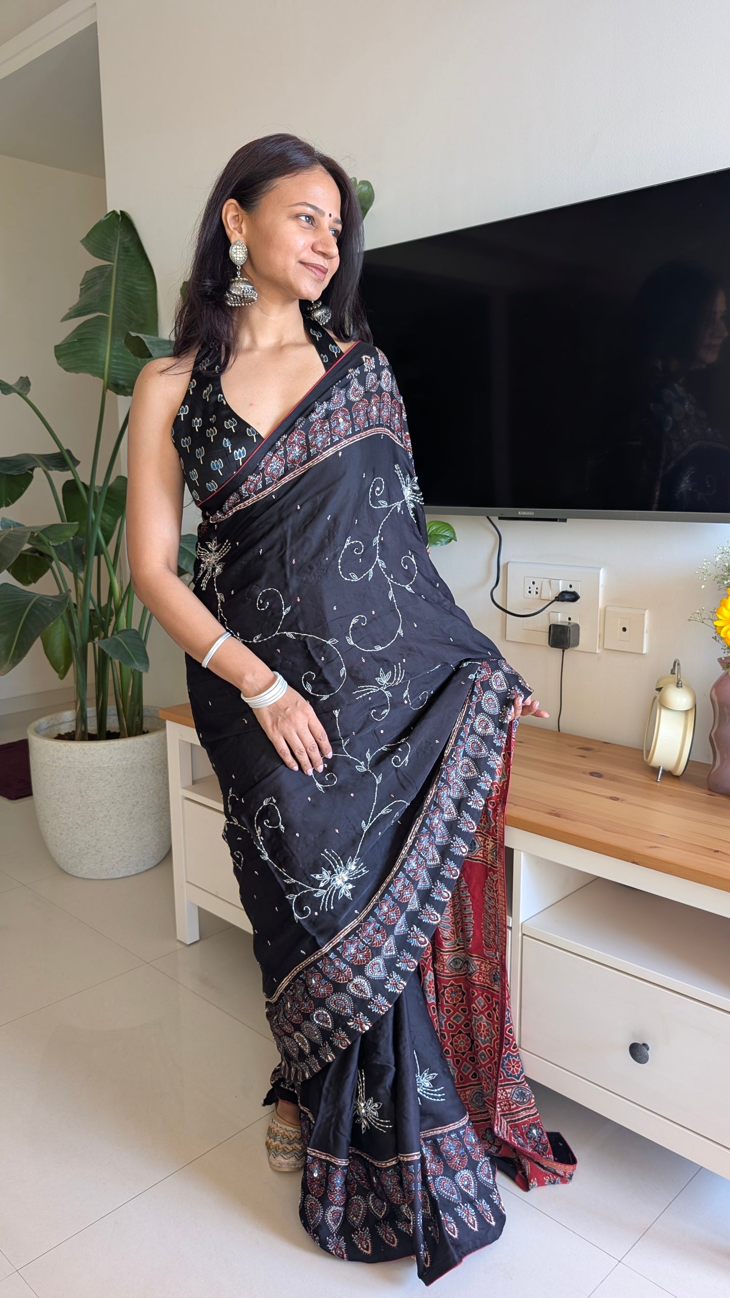 Black Ajrakh Hand Embroidery Saree in Modal Silk | TheRangBhoomi