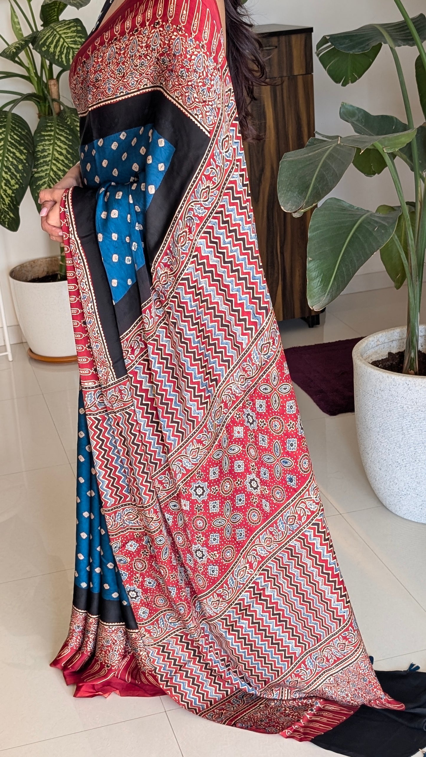 Bandhani Saree with Ajrakh Pallu | TheRangBhoomi Fusion Saree | Peacock Blue