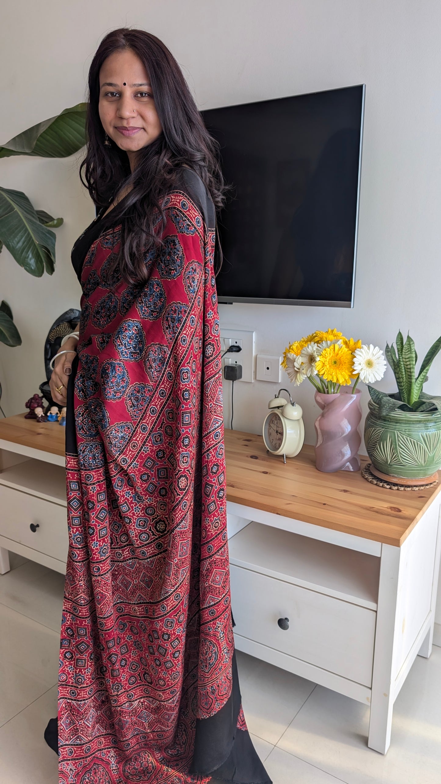 Ajrakh Saree in Modal Silk - Hand Block Print and Naturally Dyed | TheRangBhoomi