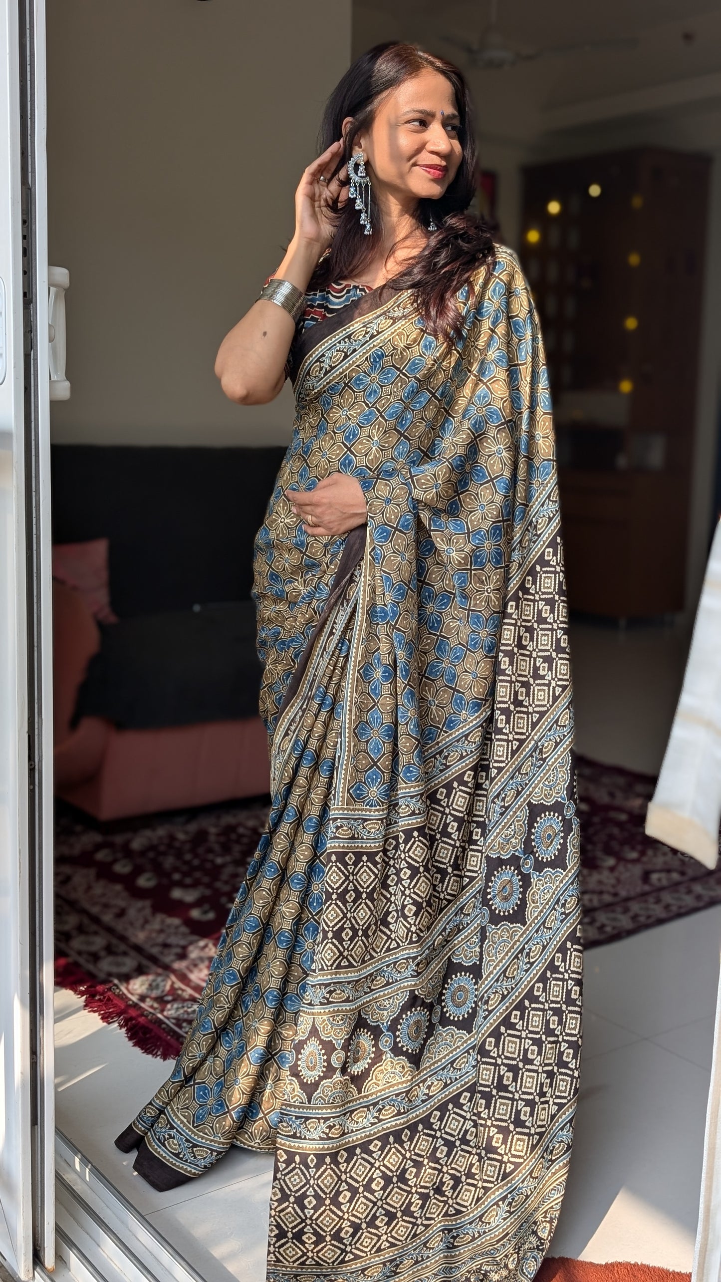 Brown Ajrakh Saree in Modal Silk - Hand Block Print and Naturally Dyed | TheRangBhoomi