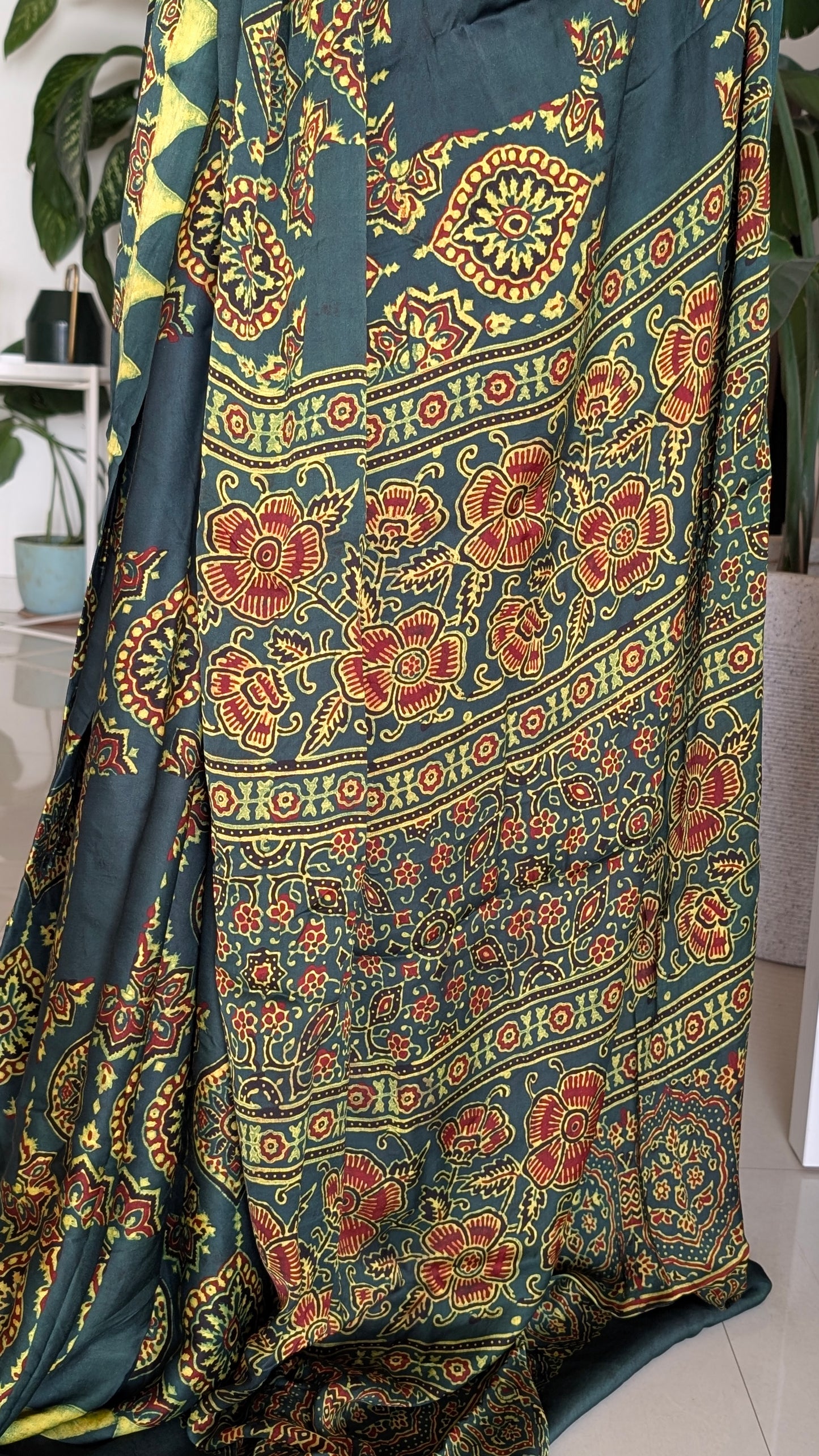 Ajrakh Saree | Modal Silk | Naturally Dyed Handcrafted Saree | Green