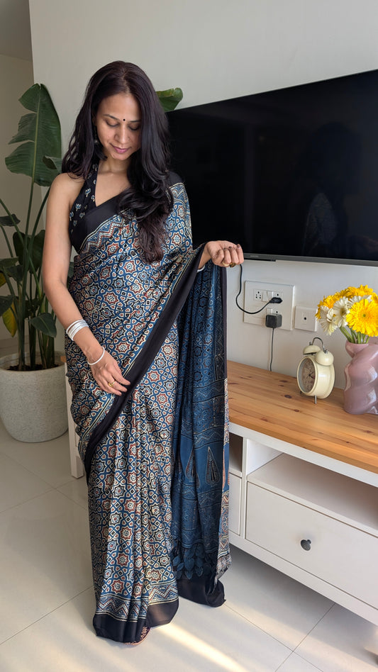 Ajrakh Saree in Modal Silk - Hand Block Print and Naturally Dyed | TheRangBhoomi