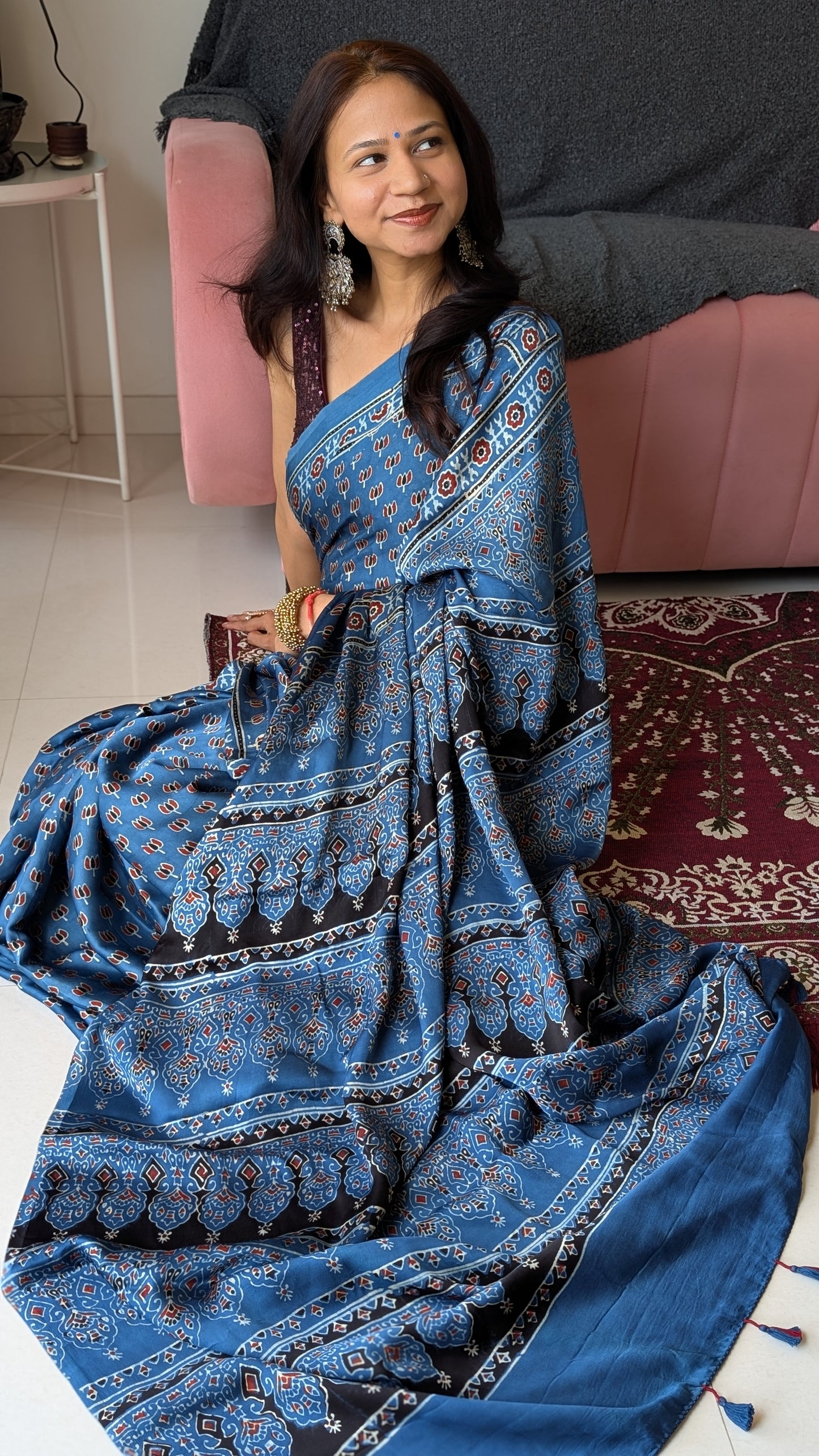 [PRE ORDER ONLY] Ajrakh Saree in Modal Silk - Hand Block Print and Naturally Dyed | TheRangBhoomi