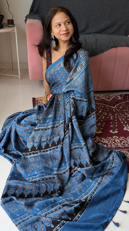 [PRE ORDER ONLY] Ajrakh Saree in Modal Silk - Hand Block Print and Naturally Dyed | TheRangBhoomi