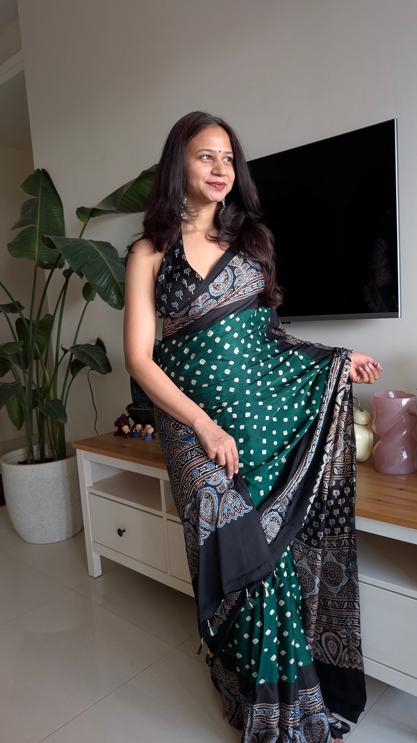 Green Bandhani Saree with Ajrakh Pallu | TheRangBhoomi Fusion Saree