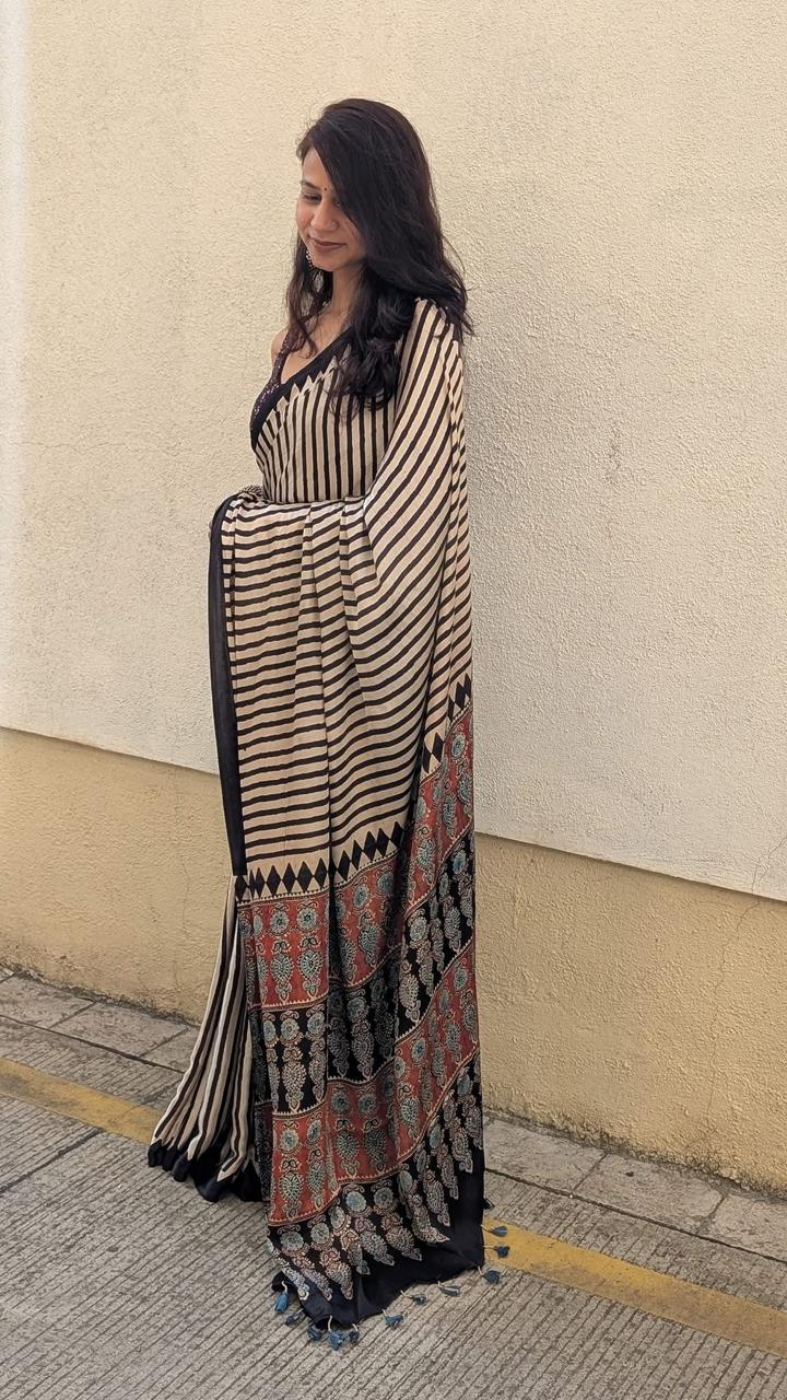 [PRE ORDER ONLY] Ajrakh Saree in Modal Silk - Hand Block Print and Naturally Dyed | TheRangBhoomi