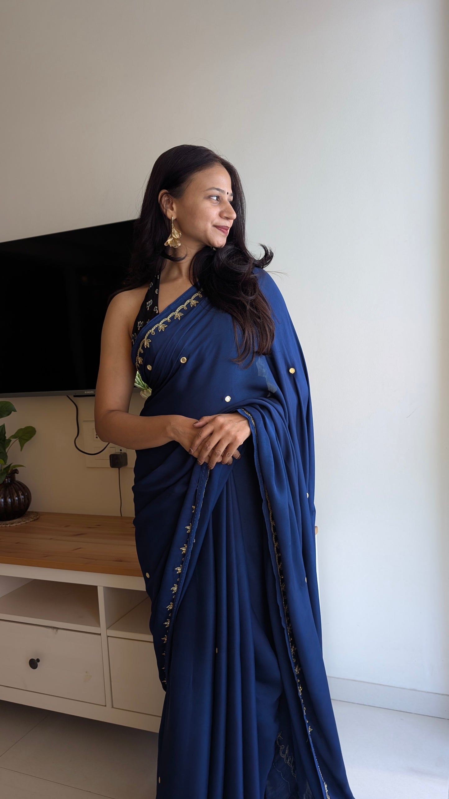 Navy Blue Hand Embroidery Saree in Modal Silk | TheRangBhoomi