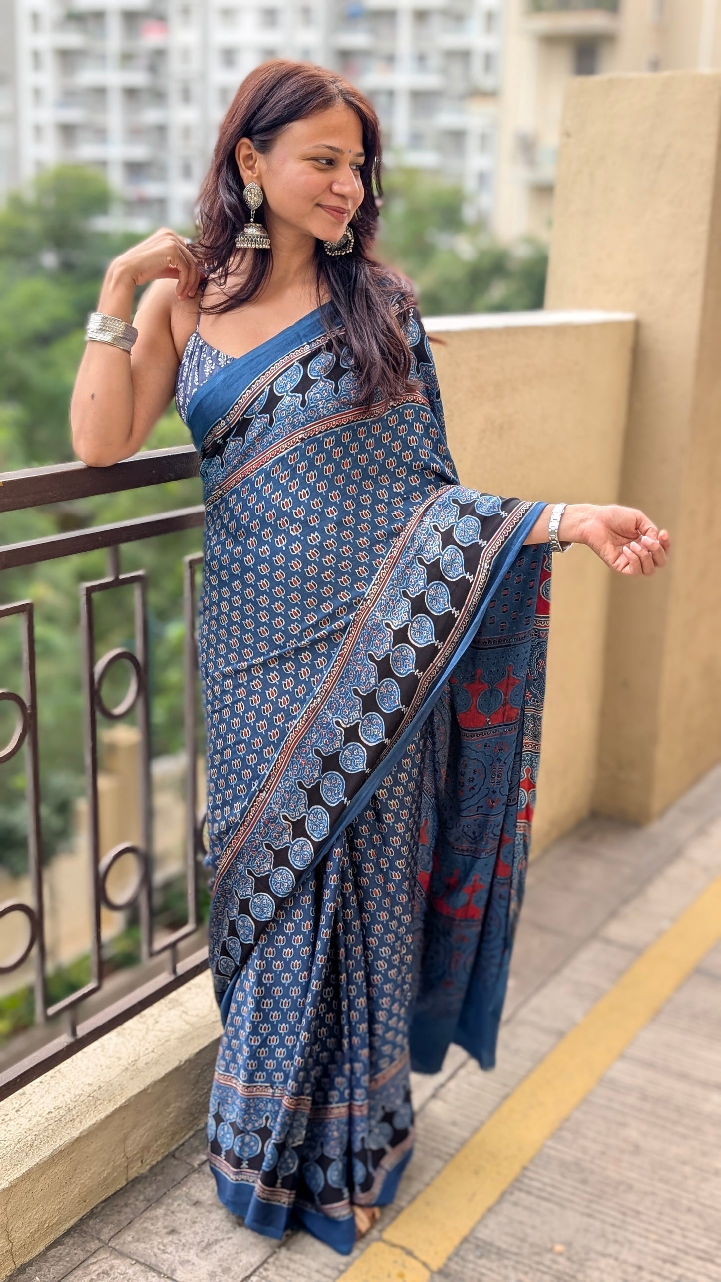 [PRE ORDER ONLY] Ajrakh Saree in Modal Silk - Hand Block Print and Naturally Dyed | TheRangBhoomi