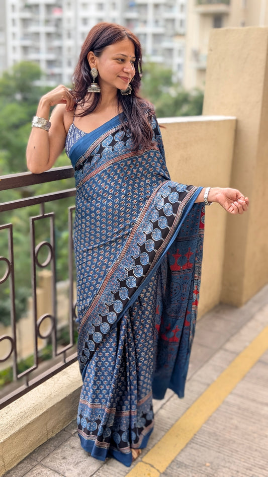 [PRE ORDER ONLY] Ajrakh Saree in Modal Silk - Hand Block Print and Naturally Dyed | TheRangBhoomi