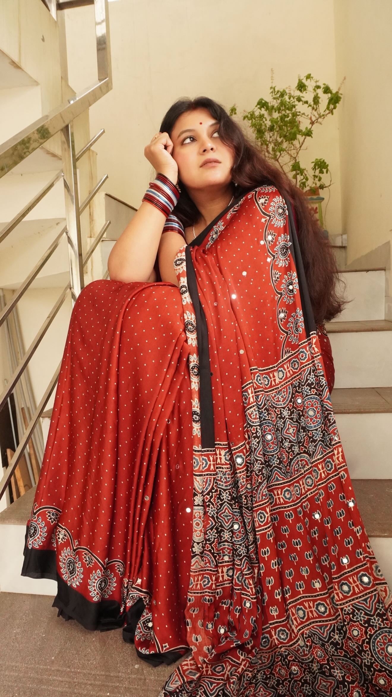 Red Ajrakh modal silk mirror work saree | TheRangBhoomi
