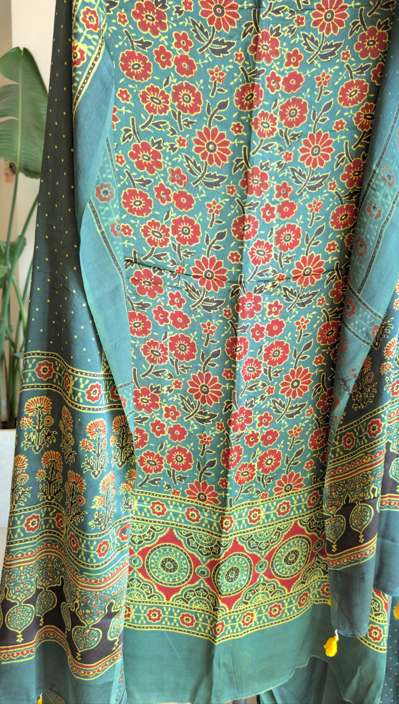 Ajrakh Modal Silk | Suit Set | Green | 3 PC