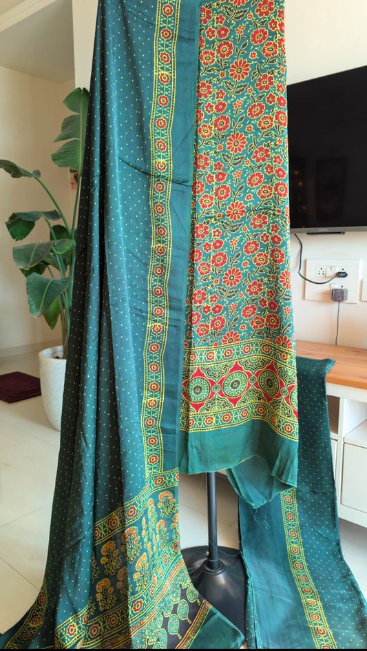Ajrakh Modal Silk | Suit Set | Green | 3 PC