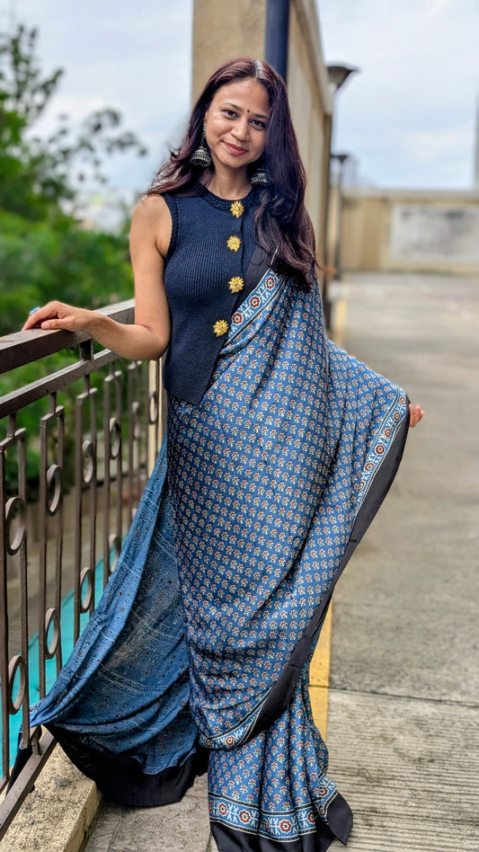 [PRE ORDER ONLY] Ajrakh Saree in Modal Silk - Hand Block Print and Naturally Dyed | TheRangBhoomi