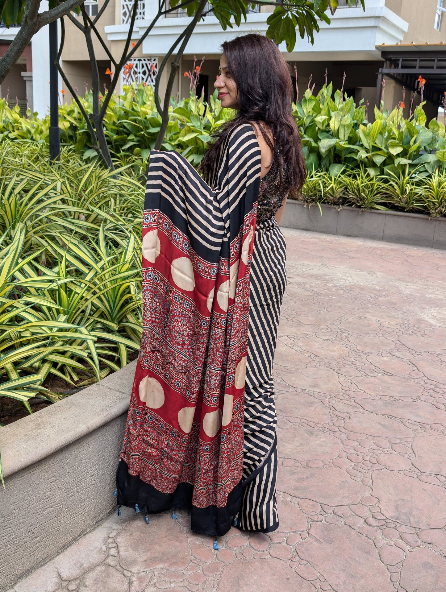 [PRE ORDER ONLY] Ajrakh Saree in Modal Silk - Hand Block Print and Naturally Dyed | TheRangBhoomi