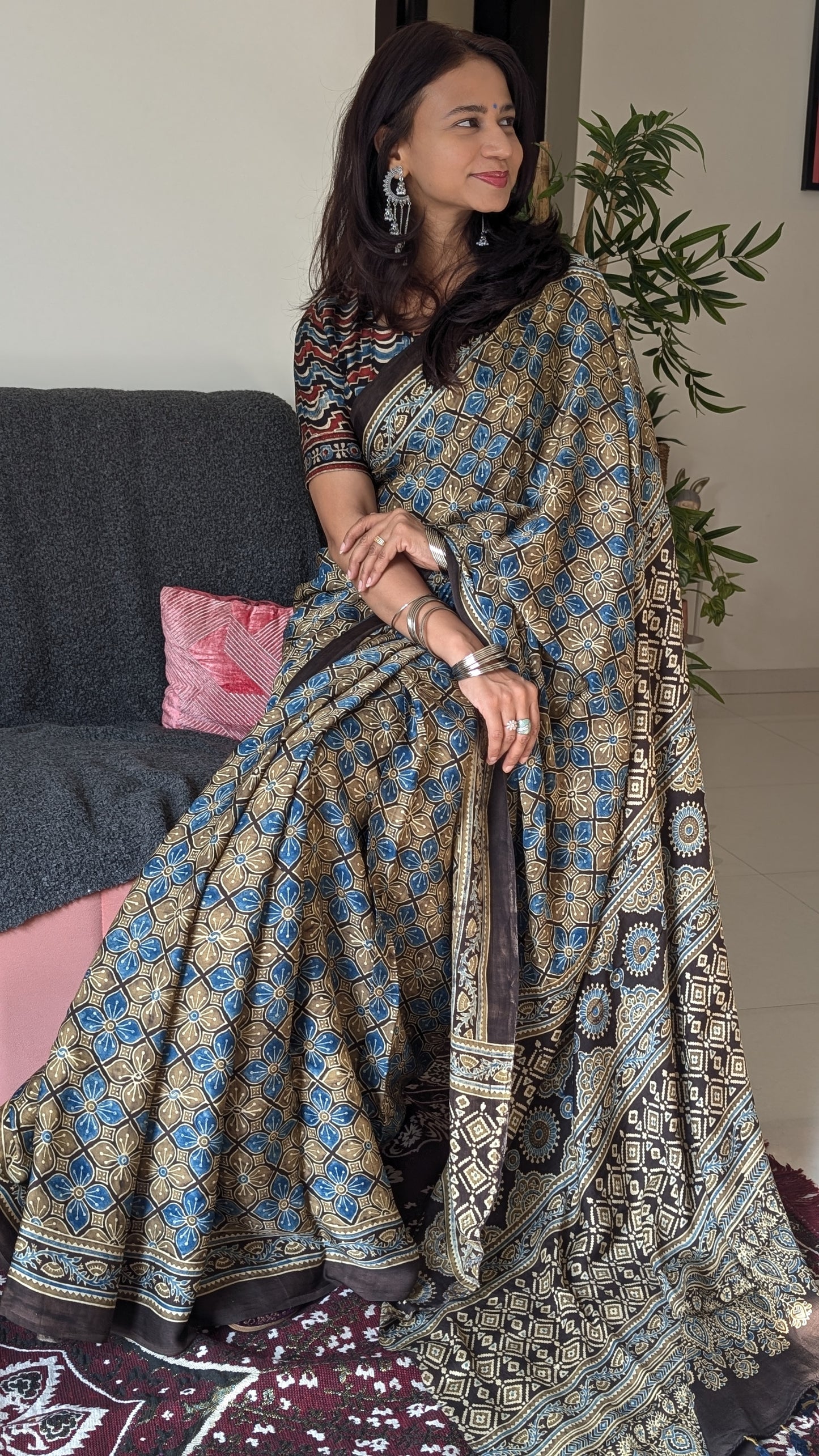 Brown Ajrakh Saree in Modal Silk - Hand Block Print and Naturally Dyed | TheRangBhoomi