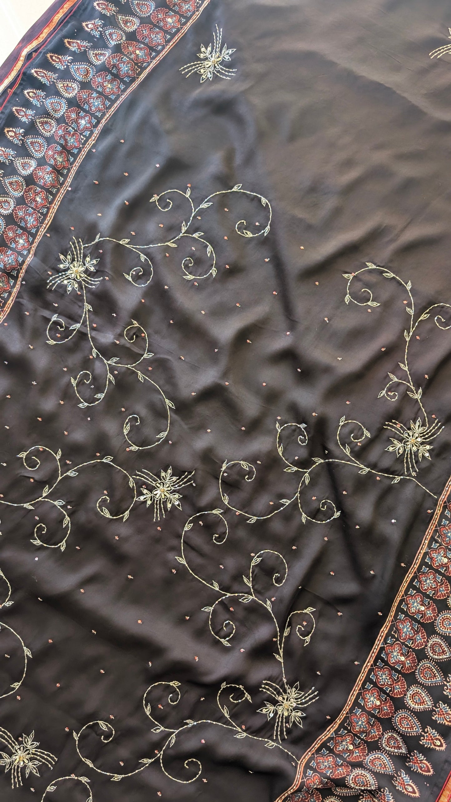 Black Ajrakh Hand Embroidery Saree in Modal Silk | TheRangBhoomi