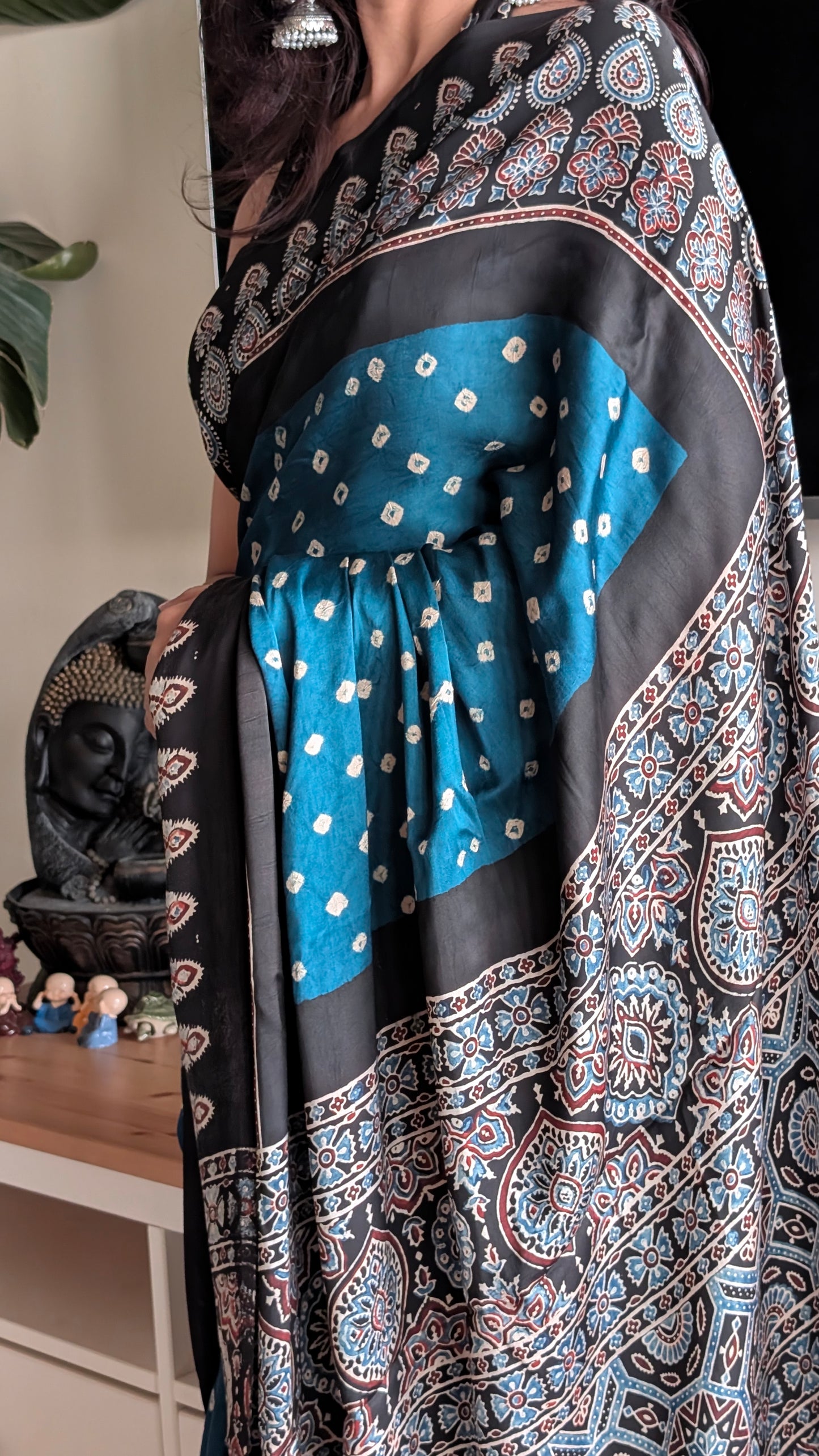 Blue Bandhani Saree with Ajrakh Pallu | TheRangBhoomi Fusion Saree | Peacock Blue