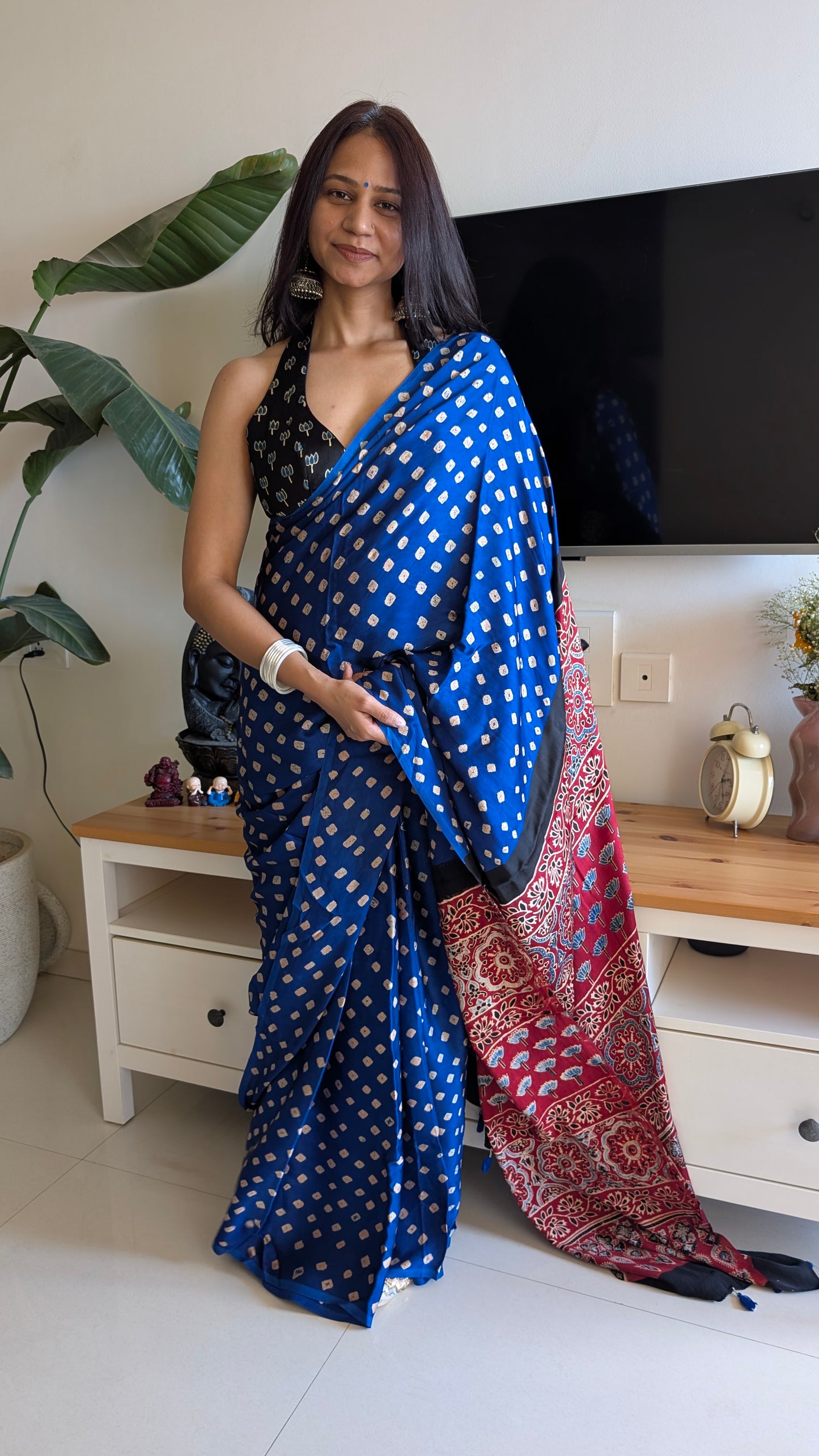Royal Blue Bandhani Saree with Ajrakh Pallu | TheRangBhoomi Fusion Saree