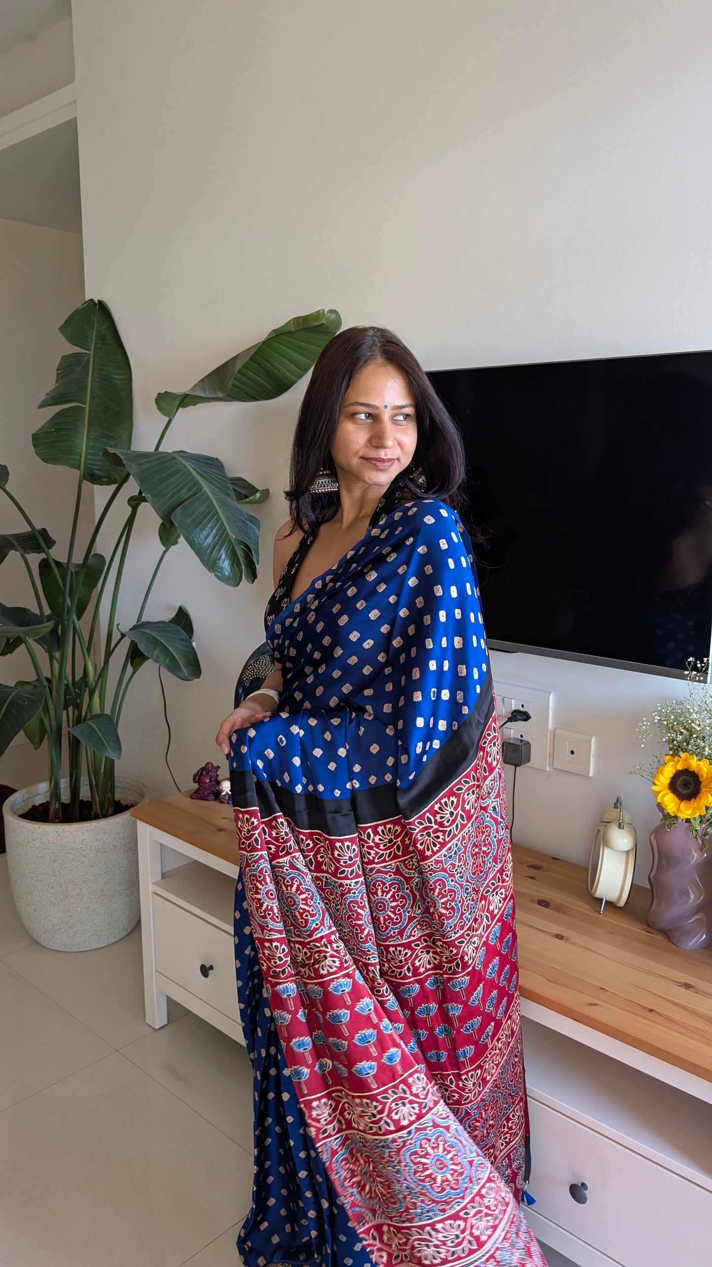 Royal Blue Bandhani Saree with Ajrakh Pallu | TheRangBhoomi Fusion Saree