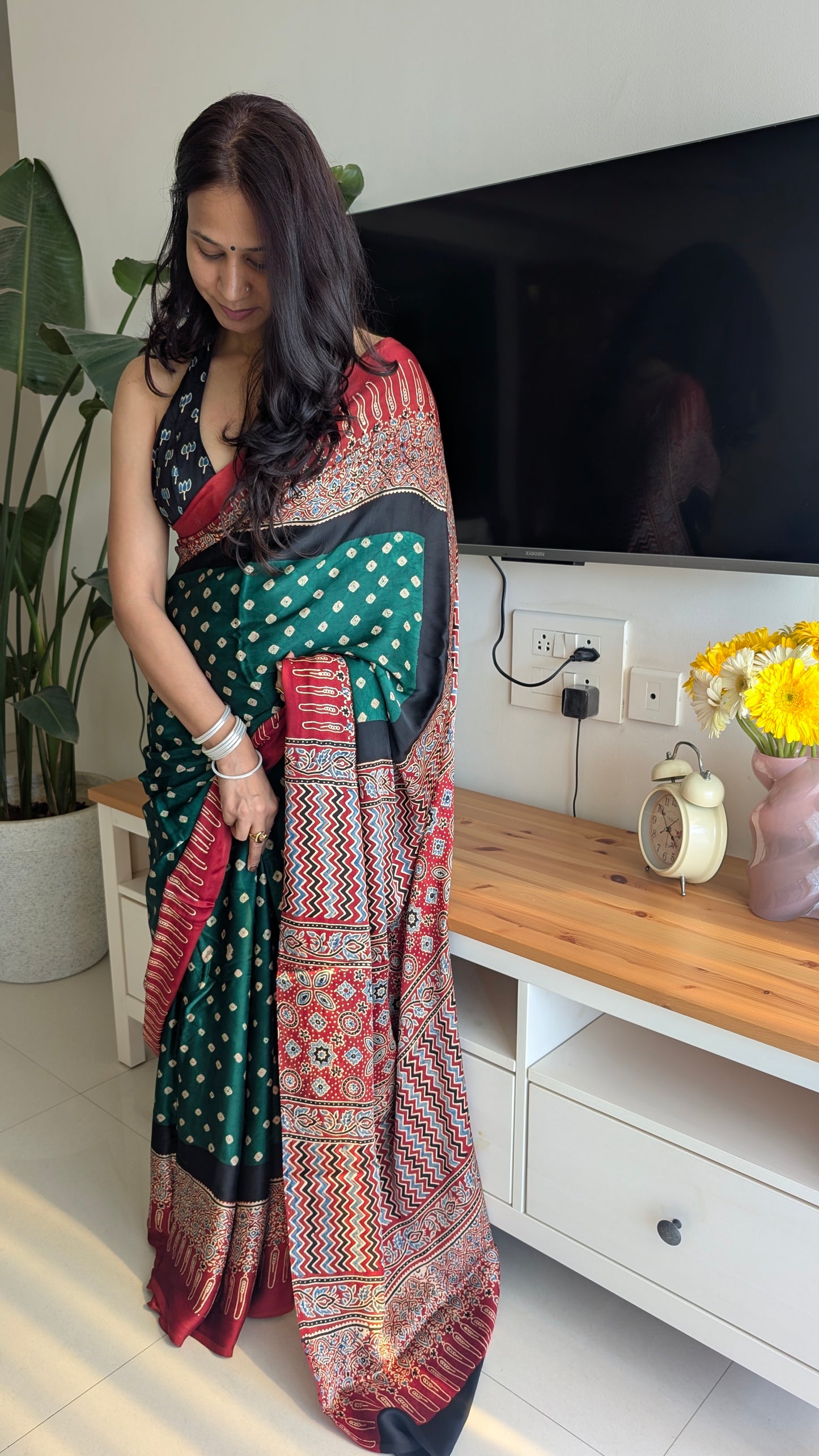 Green Bandhani Saree with Ajrakh Pallu | TheRangBhoomi Fusion Saree