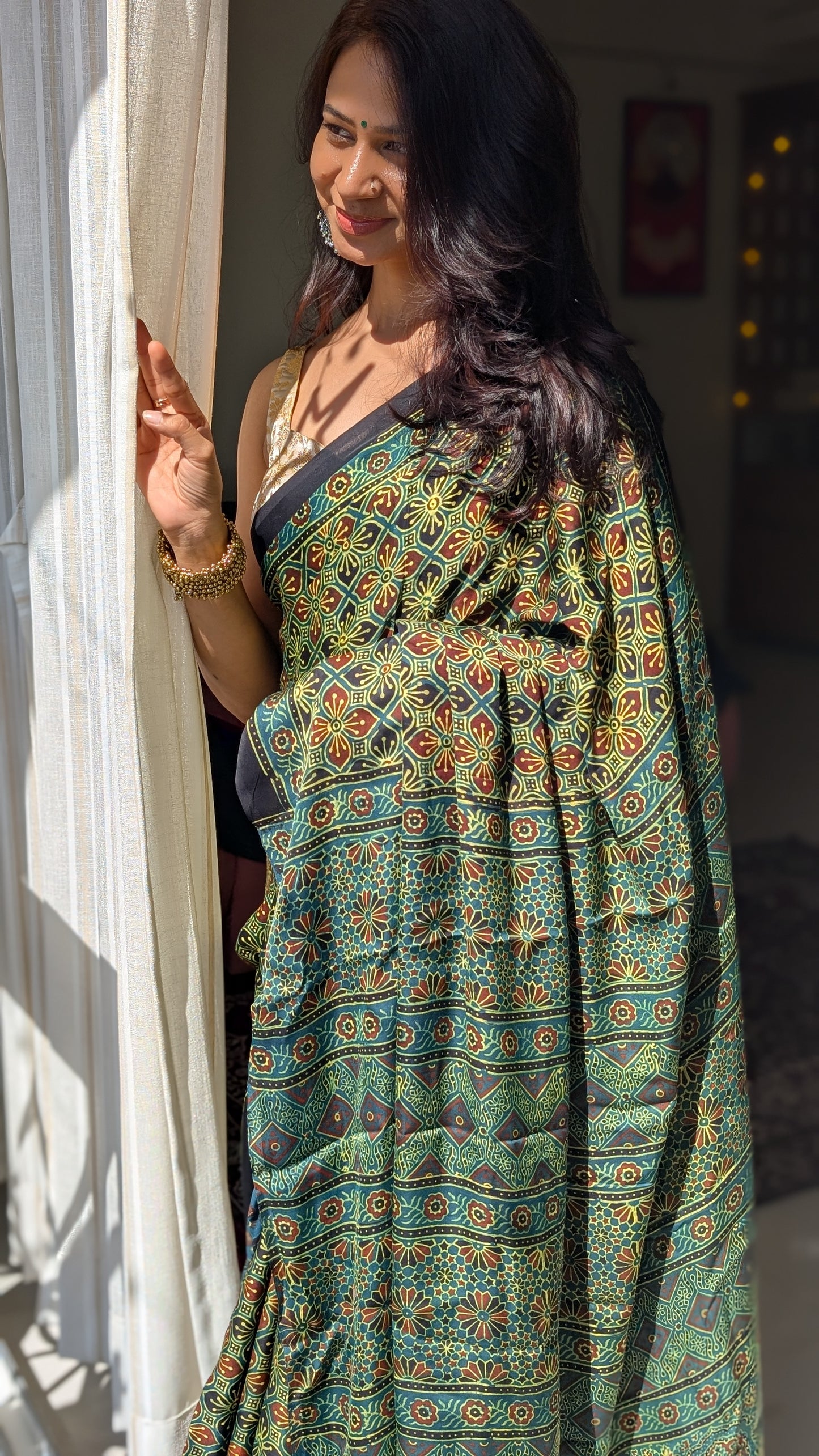 [PRE ORDER ONLY] Ajrakh Saree in Modal Silk - Hand Block Print and Naturally Dyed | TheRangBhoomi