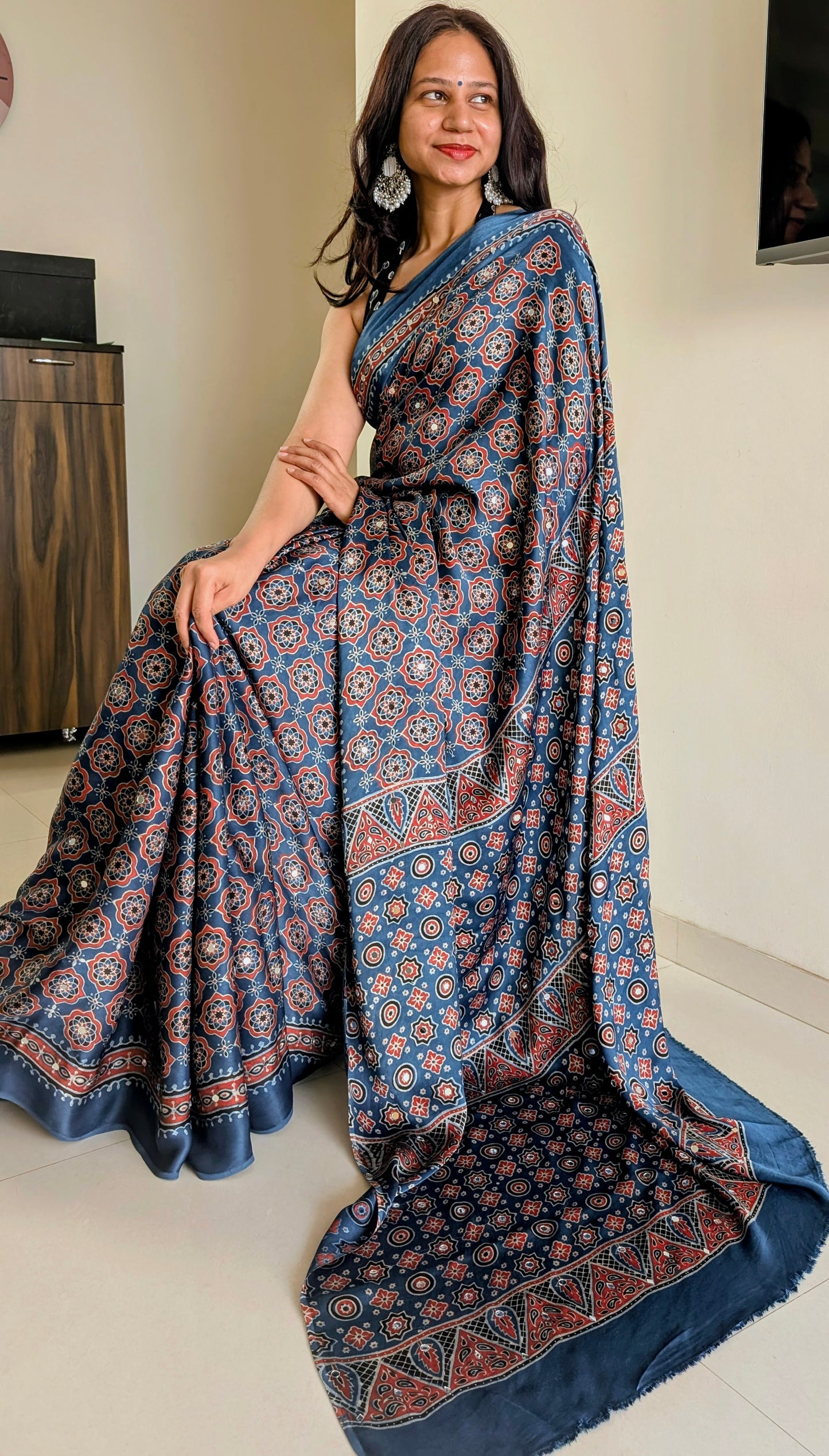Blue and Red Ajrakh modal silk mirror work saree | TheRangBhoomi