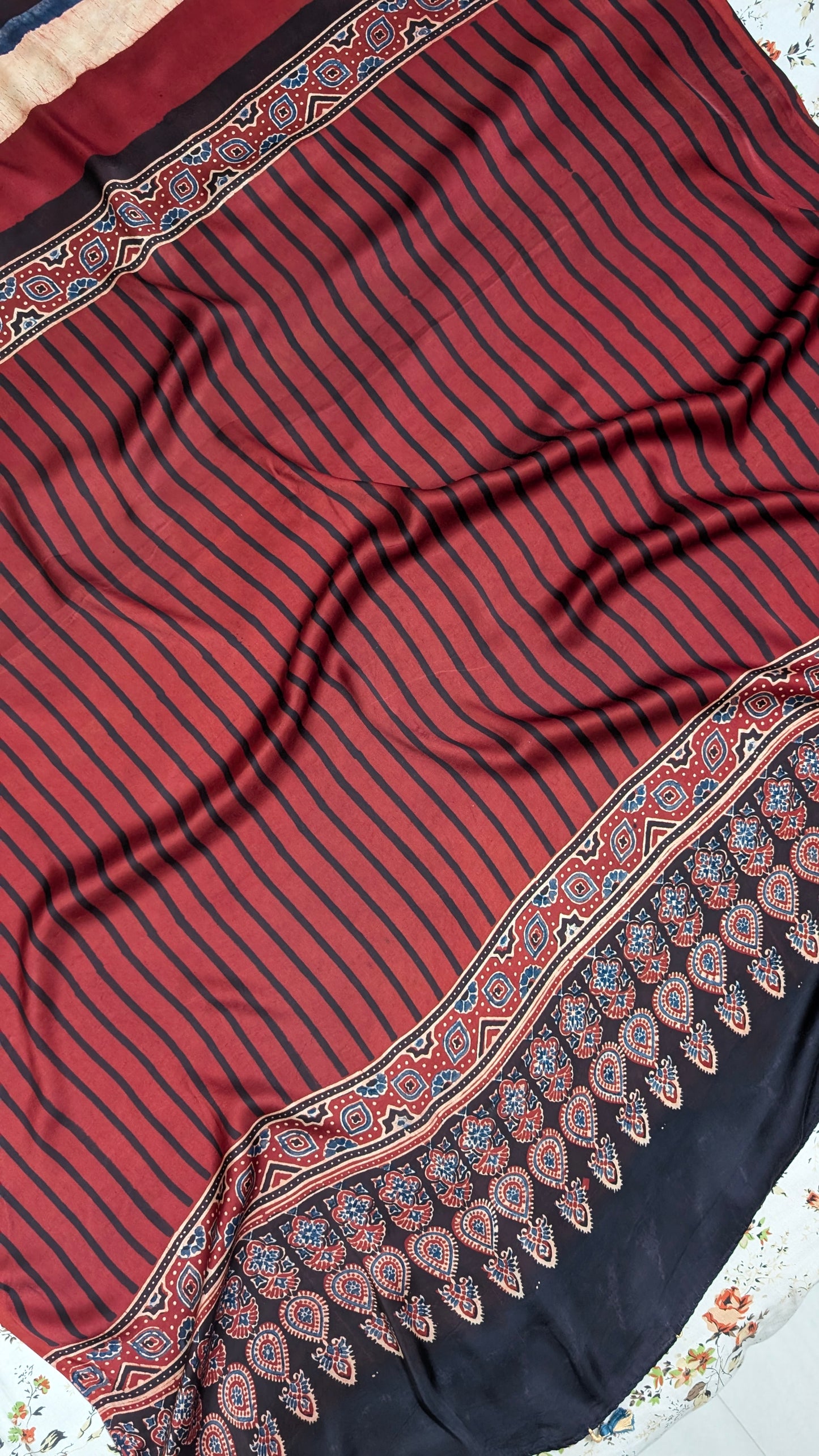 Ajrakh Saree in Modal Silk - Hand Block Print and Naturally Dyed | TheRangBhoomi