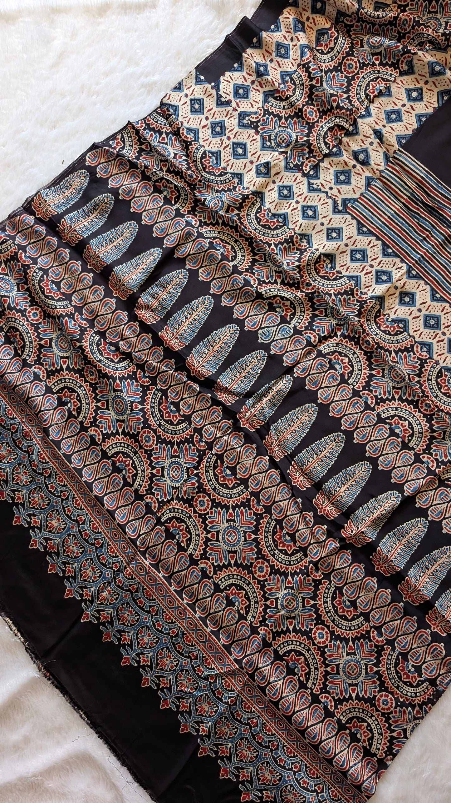 Ajrakh Saree in Modal Silk - Hand Block Print and Naturally Dyed | TheRangBhoomi