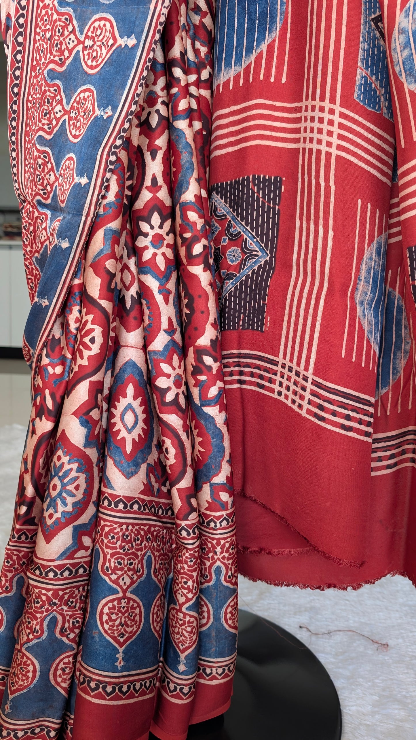 Ajrakh Saree in Modal Silk - Hand Block Print and Naturally Dyed | TheRangBhoomi
