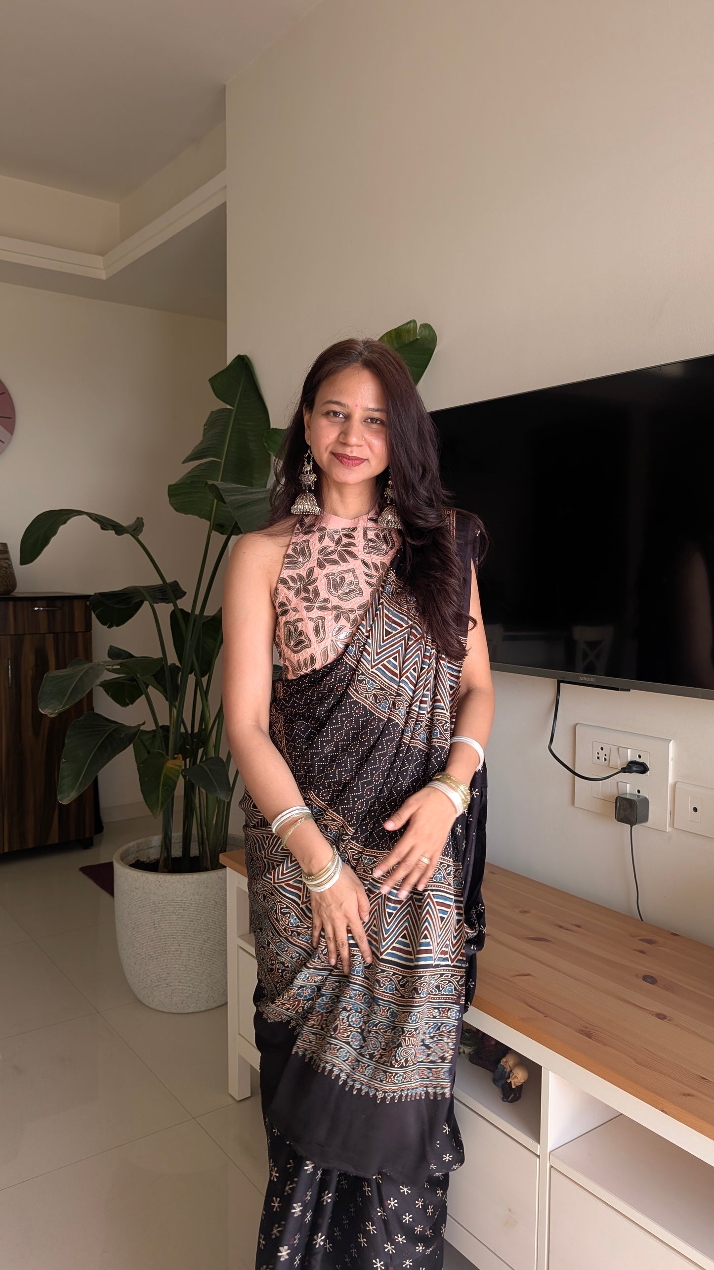Ajrakh Saree in Modal Silk - Hand Block Print and Naturally Dyed | TheRangBhoomi