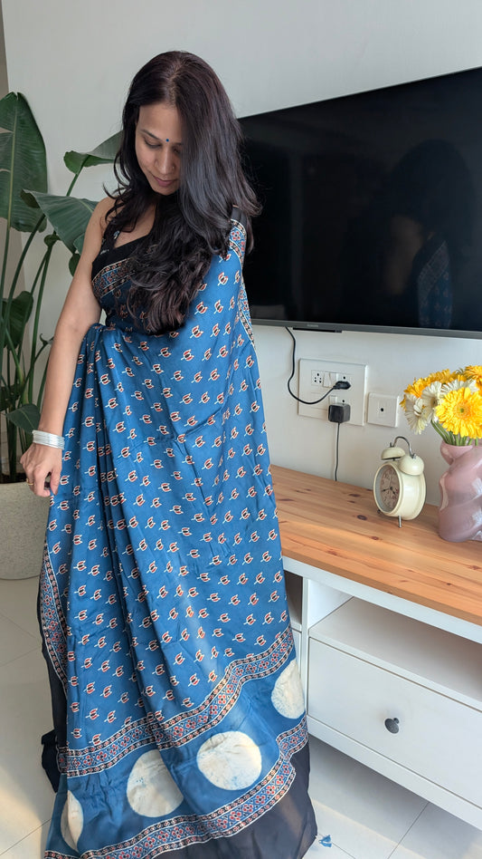 Indigo Ajrakh Saree in Modal Silk - Hand Block Print and Naturally Dyed | TheRangBhoomi