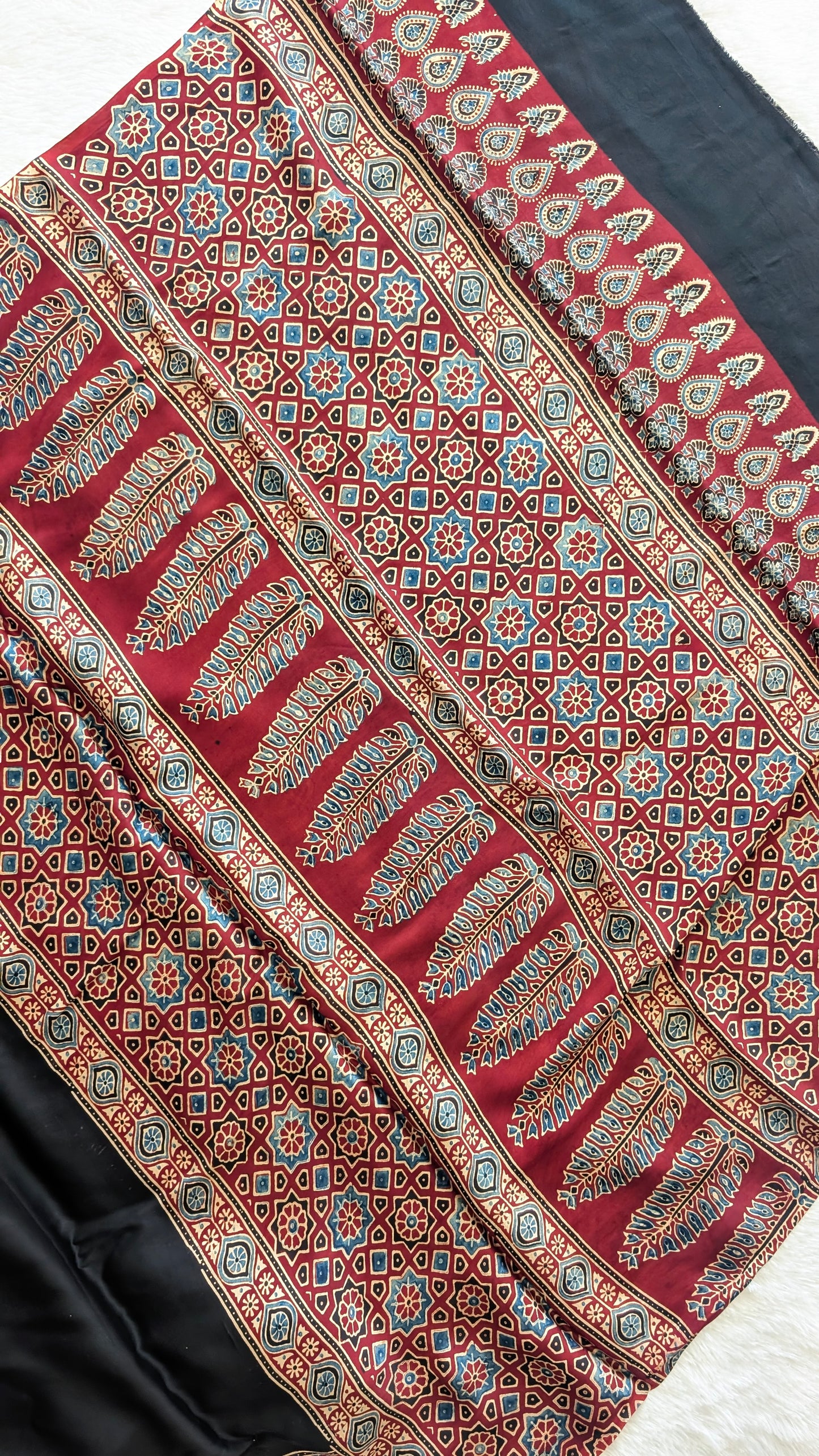 Ajrakh Saree in Modal Silk - Hand Block Print and Naturally Dyed | TheRangBhoomi