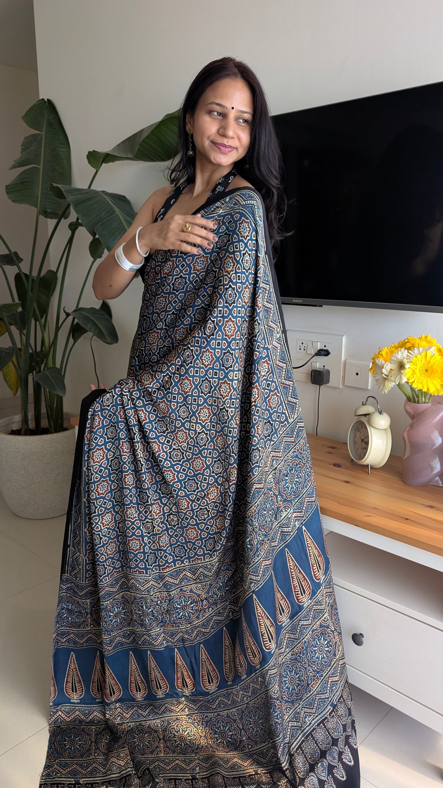Ajrakh Saree in Modal Silk - Hand Block Print and Naturally Dyed | TheRangBhoomi