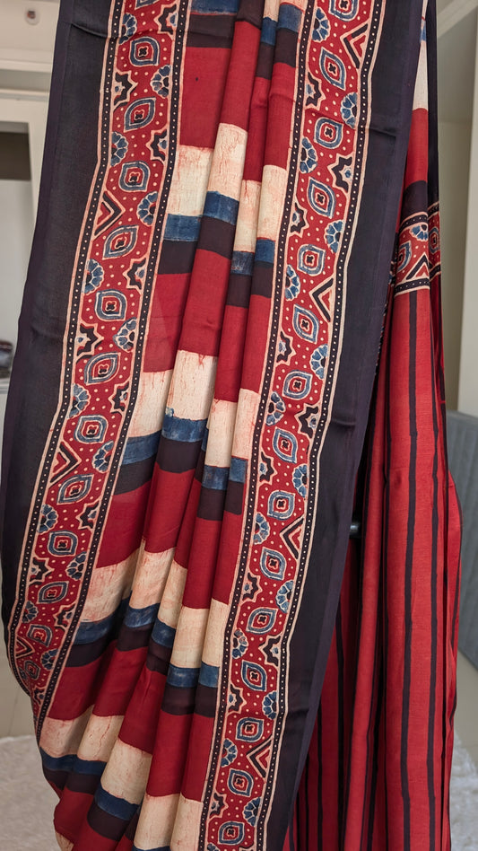 Ajrakh Saree in Modal Silk - Hand Block Print and Naturally Dyed | TheRangBhoomi