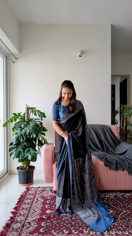 [PRE ORDER ONLY] Ajrakh Saree in Modal Silk - Hand Block Print and Naturally Dyed | TheRangBhoomi