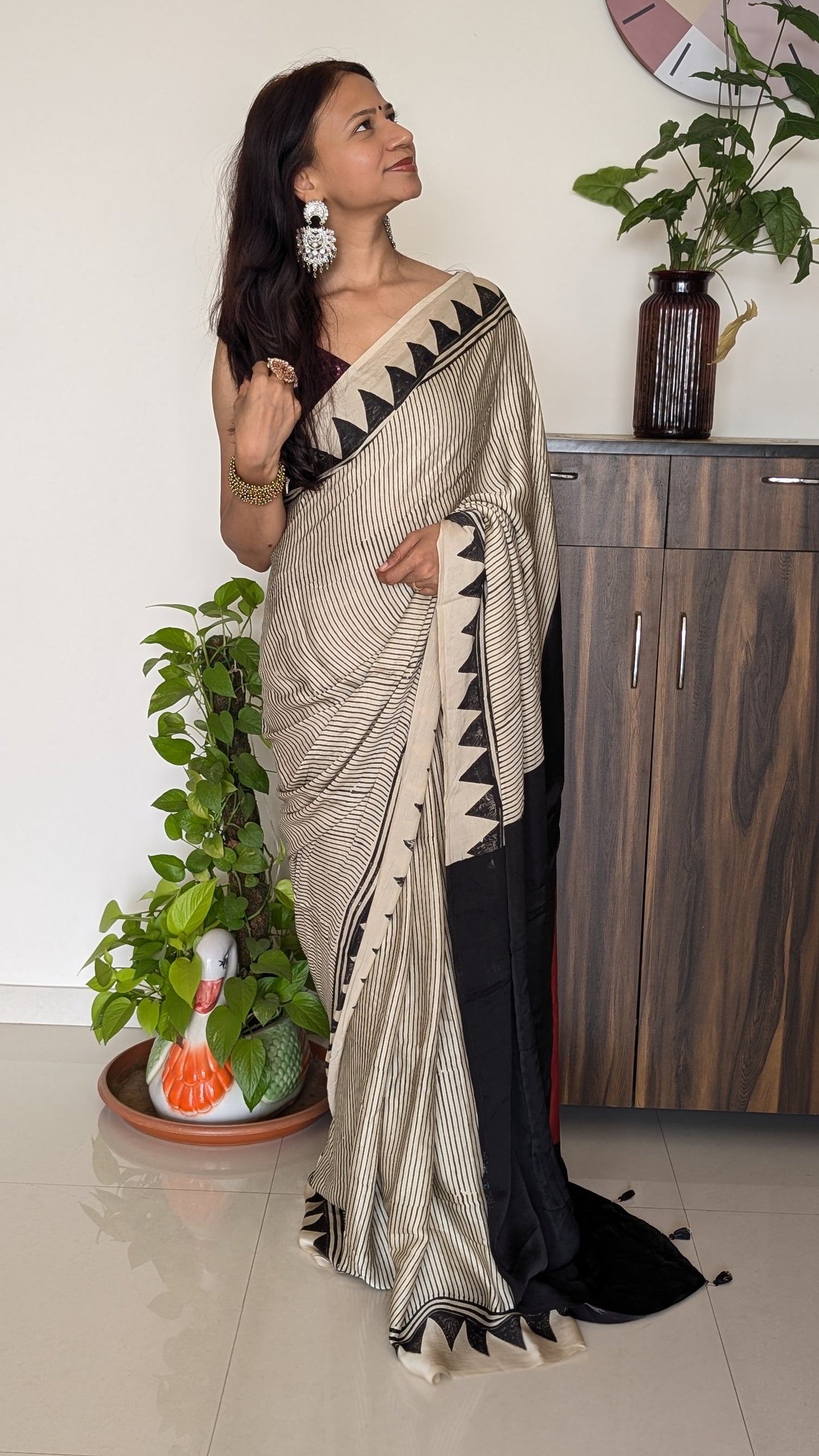Ivory Ajrakh Saree in Modal Silk - Hand Block Print and Naturally Dyed | TheRangBhoomi