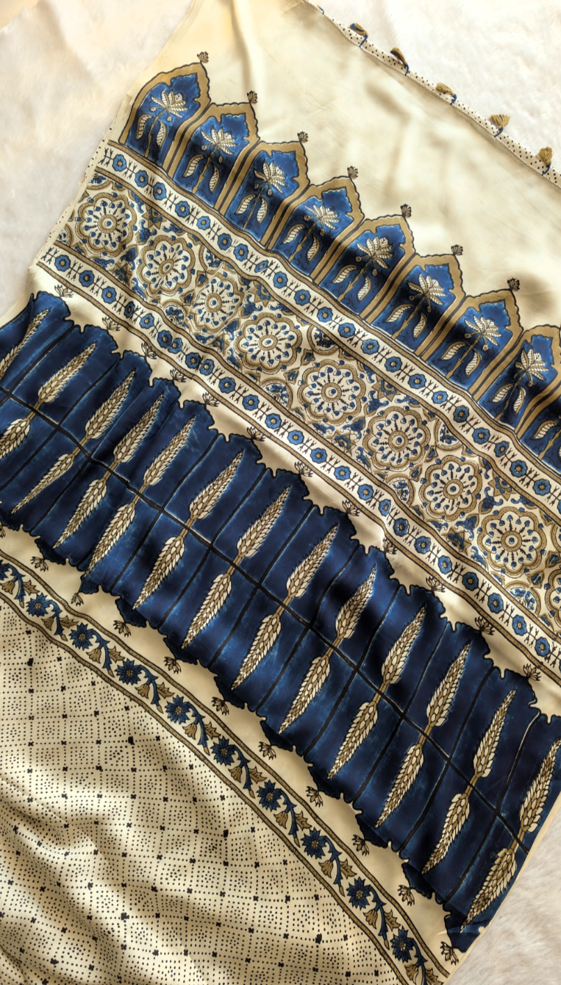 [PRE ORDER ONLY] Ajrakh Saree in Modal Silk - Hand Block Print and Naturally Dyed | TheRangBhoomi