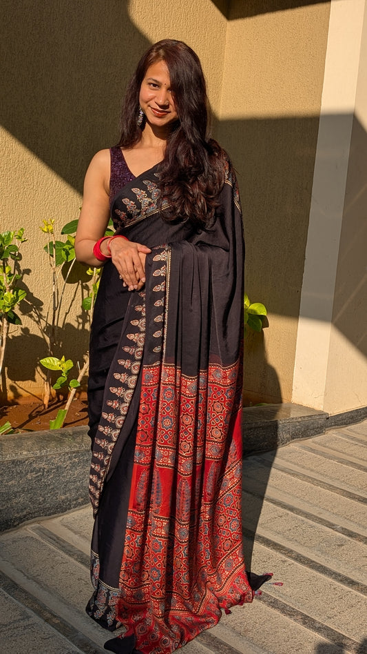[PRE ORDER ONLY] Ajrakh Saree in Modal Silk - Hand Block Print and Naturally Dyed | TheRangBhoomi