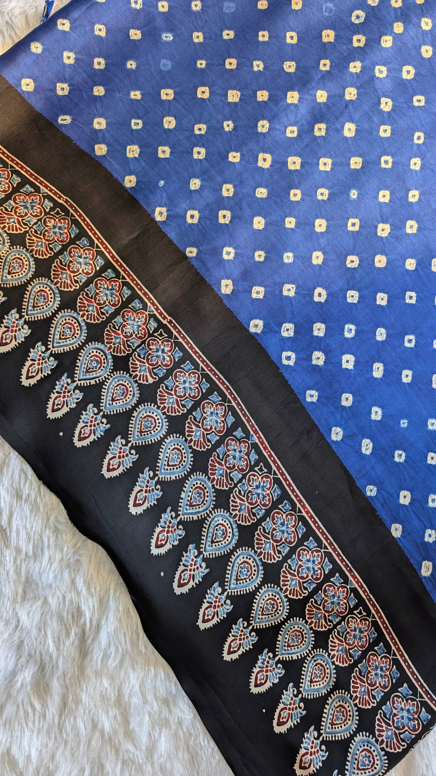 Blue Bandhani Saree with Ajrakh Pallu | TheRangBhoomi Fusion Saree