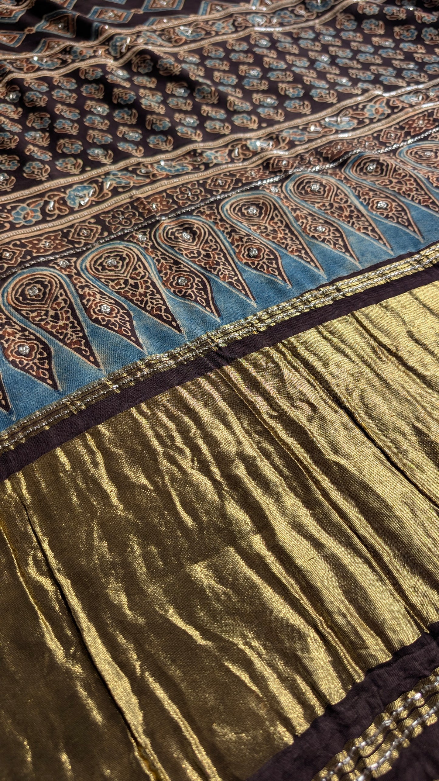 Navy Blue Modal silk with Black Ajrakh Pallu | Hand Embroidery Saree | TheRangBhoomi