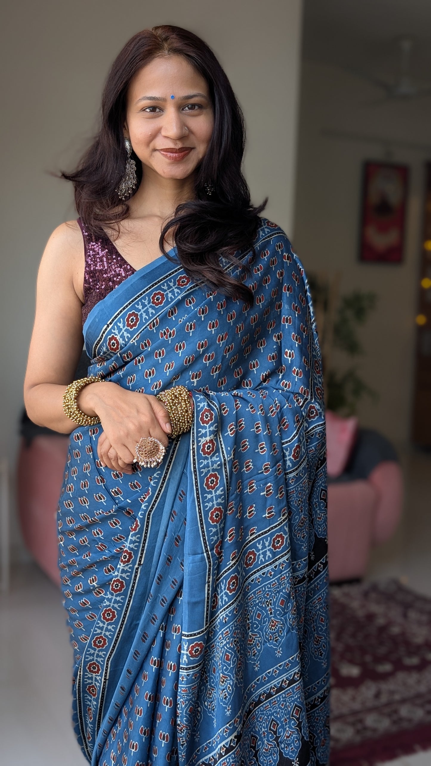 [PRE ORDER ONLY] Ajrakh Saree in Modal Silk - Hand Block Print and Naturally Dyed | TheRangBhoomi