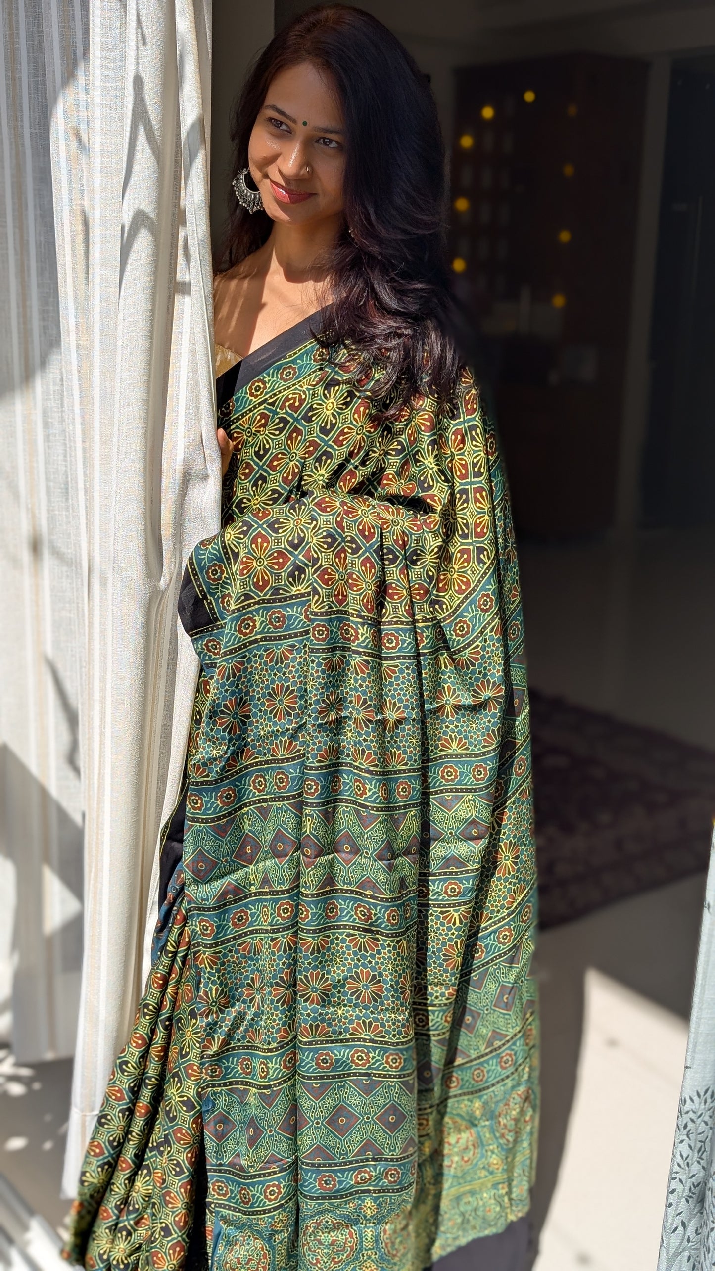 [PRE ORDER ONLY] Ajrakh Saree in Modal Silk - Hand Block Print and Naturally Dyed | TheRangBhoomi